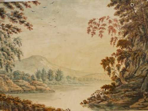 18th/19th.C.ENGLISH SCHOOL. A RIVER VIEW, WATERCOLOUR, MOUNTED BUT UNFRAMED. 32 x 47cms.