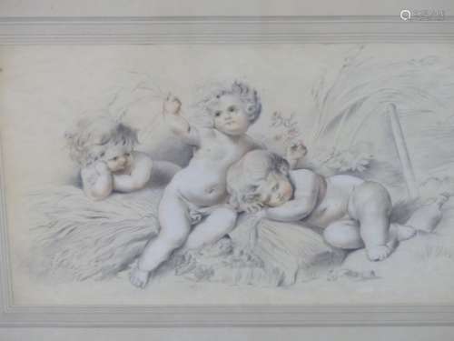 EARLY 19th.C.SCHOOL. PLAYFUL PUTTI, PENCIL AND COLOURED CHALK DRAWING. 25 x 41cms.