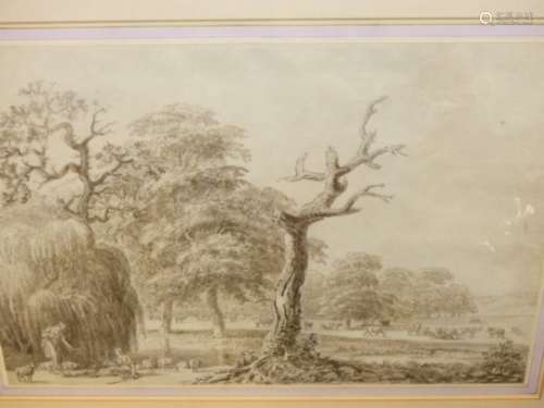 18th/19th.C.SCHOOL. AN ARCADIAN LANDSCAPE, PEN AND INK WASH DRAWING. 34 x 50cms.