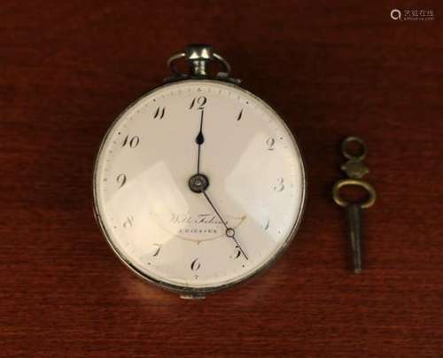 An Antique German Verge Pocket Watch in a Silver Case engraved with scene to the back.