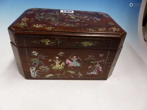 A CHINESE HARDWOOD BOX, THE SIDES INLAID WITH MOTHER OF PEARL SCENES OF WARRIORS, THE LIFT OFF