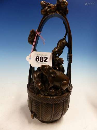 A JAPANESE BRONZE GROUP OF RATS IN AND ABOUT A BASKET OF FRUIT. H 23cms