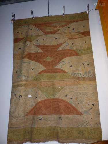 AN UNUSUAL CHINESE FLAT WEAVE PANEL WITH POLYCHROME DECORATION OF FIGURES AND VARIOUS MOTIFS. 224