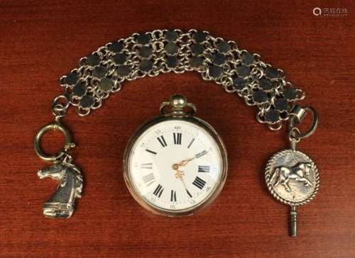 A Silver Plated Pocket Watch engraved with horses to the back and a chain link bracelet hung with