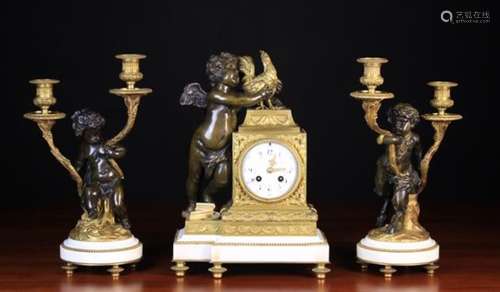 A Late 19th Century French Ormolu & Bronze Clock Garniture Set in the Louis XVI Style.