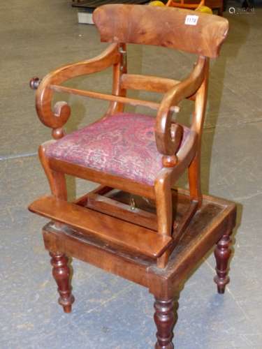 AN EARLY 19th.C.MAHOGANY CHILD'S HIGH CHAIR WITH SCROLL ARMS ON SABRE FORELEGS WITH FOOTREST