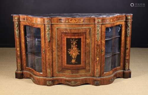 A Fine Quality Victorian Serpentine Fronted Figured Walnut & Marquetry Credenza with black & white