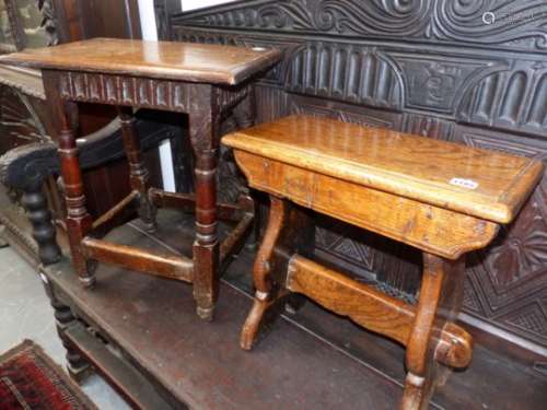 AN 18th.C.OAK JOINT STOOL WITH CARVED FRIEZE TOGETHER WITH A 19th.C.STOOL OF PLANK CONSTRUCTION. (