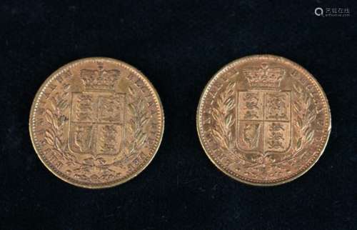 Two Victorian Gold Full Sovereigns with shield emblem on reverse dated 1851 and 1884.