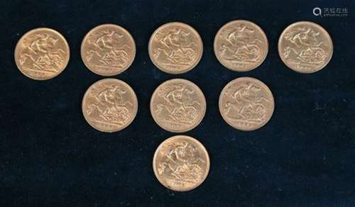 Nine Edward VII Gold Half Sovereigns. Dated 1902, 1903 x 2, 1904, 1905, 1907, 1909 x 2 & 1910.