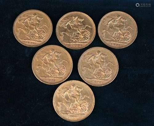 Six Victorian Gold Full Sovereigns. DAted 1872, 1875, 1891, 1894, 1895 & 1900.