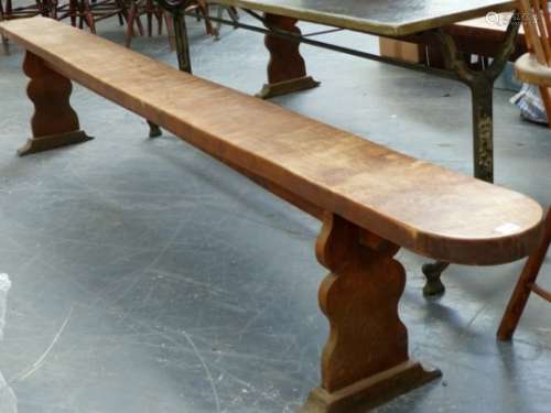 A PAIR OF LARGE COUNTRY MADE FRUITWOOD FORMS. L.310 x W.23 x H.49cms.