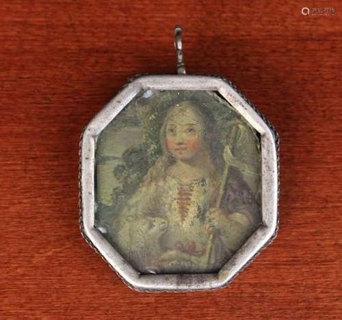 An 18th Century Double Sided Pendant painted on an octagonal copper plaque with shepherdess to one