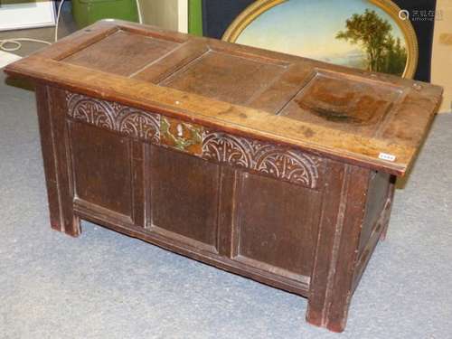 A 17th.C.OAK PANEL COFFER. 107 x 47 x H.51cms.