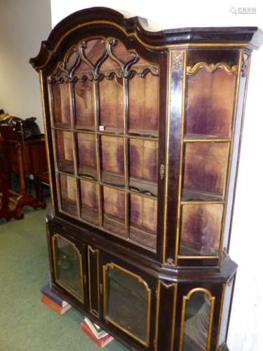 AN ANTIQUE DUTCH STYLE DISPLAY CABINET WITH GLAZED FRONT AND CANTED SIDES OVER CABINET S BELOW 150CM