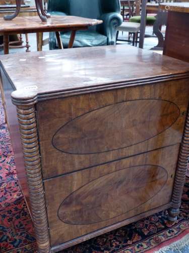 A LATE GEORGIAN MAHOGANY COMMODE CONVERTED TO A TWO DOOR LOW CABINET. 61 x 48 x 67cms.