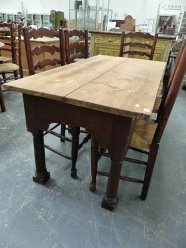 A 19th.C.OAK REFECTORY TABLE BASE FITTED WITH STOUT TWO PLANK PINE SCULLERY TOP. 148 x 76 x H.