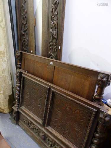 AN OAK SINGLE BED FRAME, THE BARLEY TWIST SIDED HEAD, FOOT AND SIDES CARVED IN RELIEF WITH FOLIAGE.