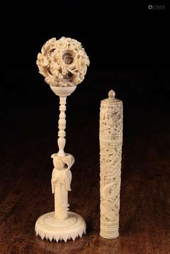 A Fine 19th Century Chinese Carved Ivory Needle Case and a Puzzle Ball (A/F) on Stand.