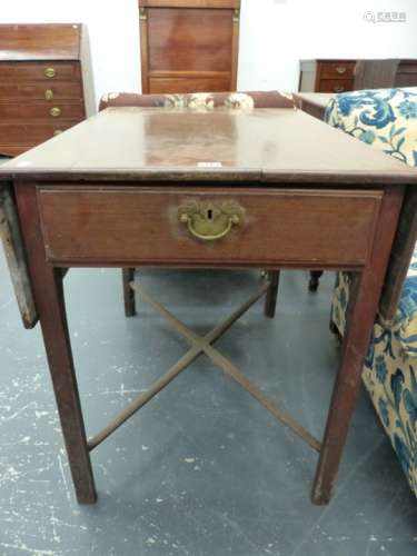A 19th.C.COLONIAL HARDWOOD DROP LEAF SUPPER TABLE WITH END DRAWER ON CHAMFERED SQUARE TAPERED LEGS