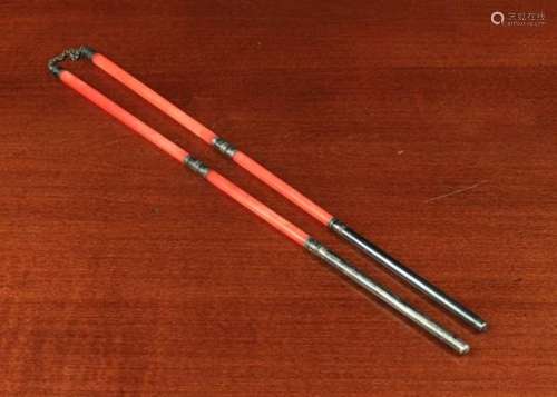 A Pair of Antique Silver Mounted Coral Chopsticks.