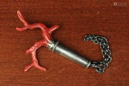 A 17th Century Coral Pendant Amulet with white metal mount on an open link chain loop. 3