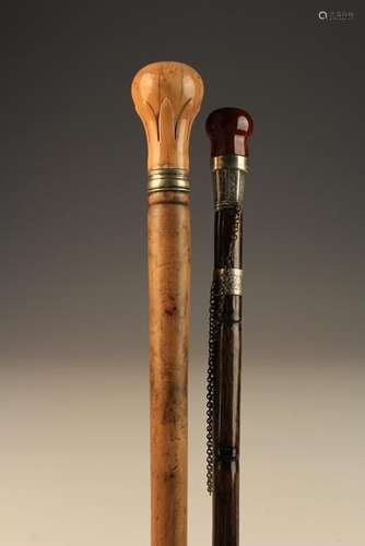 Two Gentleman's Walking Canes: One having an agate knop handle and engraved silver mounts with