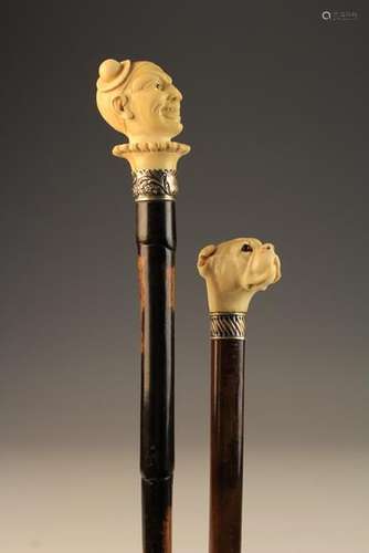 Two 19th Century Walking Canes with carved ivory handles: One carved in the form of a bulldog's