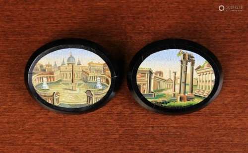 A Pair of Mid 19th Century Oval Micro Mosaics depicting Roman Architecture, one with damaged back.