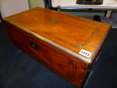 A VICTORIAN CAMPHORWOOD BRASS BOUND WRITING BOX WITH RECESSED HANDLES. 49 x 27 x H.18cms.