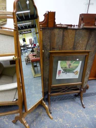 A 1930'S WALNUT FRAME CHEVAL MIRROR TOGETHER WITH A MAHOGANY GLAZED FIRESCREEN. (2)