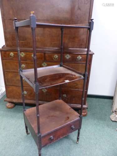 AN EARLY 19th.C.MAHOGANY THREE TIER WHAT NOT WITH SINGLE BASE DRAWER. 46 x 38 x H.117cms.