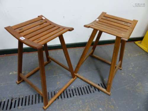 A PAIR OF ARTS AND CRAFTS HAND-MADE SLAT TOP STOOLS. H.60cms.
