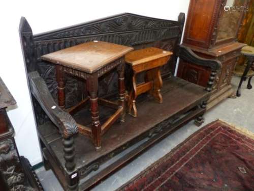 AN 18th.C. AND LATER OAK PANEL BACK HALL SETTLE. 172 x 59 x H.123cms H.(TO SEAT) 51cms.
