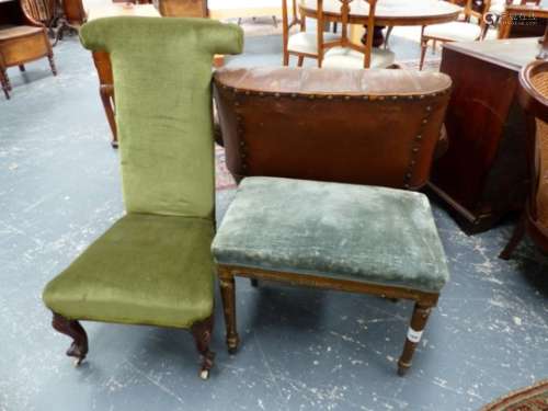 A VICTORIAN PRIE- DIEUX CHAIR TOGETHER WITH A GILT DECORATED DRESSING STOOL. (2)