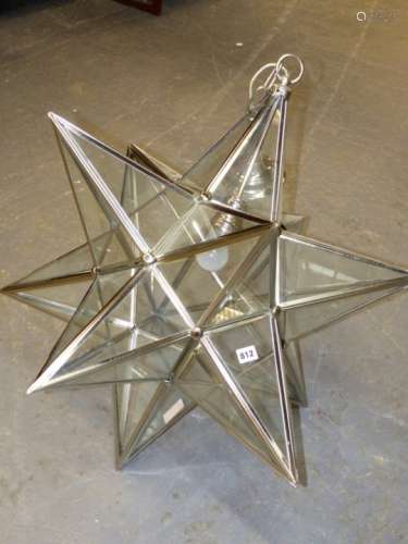 AN IMPRESSIVE LARGE STAR FORM HALL LANTERN WITH METAL FRAME AND GLASS PANELS. H.86cms TOGETHER