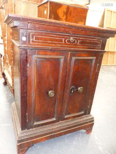 A WALNUT SIDE CABINET WITH SINGLE DRAWER ABOVE FIELDED DOORS AND BRACKET FEET. W.71 x D.46 x H.