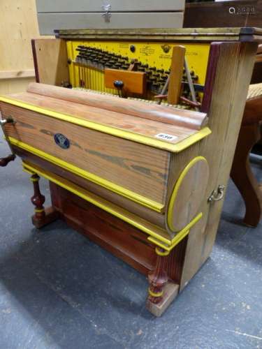 A VINTAGE BARREL PIANO ON WHEELED CART. THE ORGAN BY VAVENTIA, BARCELONA WITH HAND CRANK ACTION