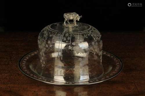 An Attractive 19th Century Etched Glass Cheese Dome with silver mounted rim and cow finial.