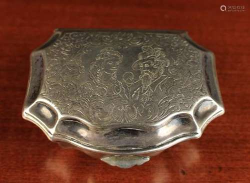 A 17th Century South Netherlandish Silver Snuffbox of serpentine cushion form engraved with a male