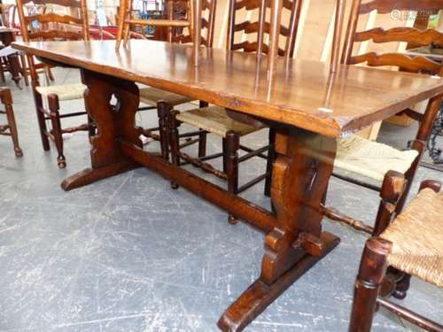 A BESPOKE TITCHMARSH & GOODWIN OAK REFECTORY TABLE ON PIERCED TRESTLE ENDS. 183 x 80 c H.76cms.