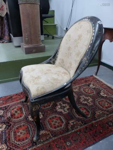 A VICTORIAN PAPIER MACHE AND MOTHER OF PEARL DECORATED SALON CHAIR ON SHAPED CABRIOLE LEGS.