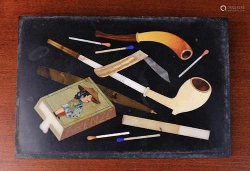 A Small Pietra Dura Panel inlaid with smoking paraphernalia, Florentine, Circa 1900-1920,