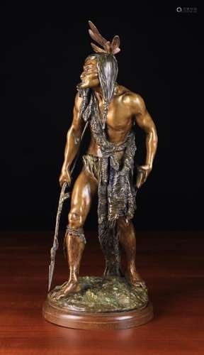 A Rare Large Size Patinated Bronze Figure of a Native American stamped Geschützt with Franz Bergman