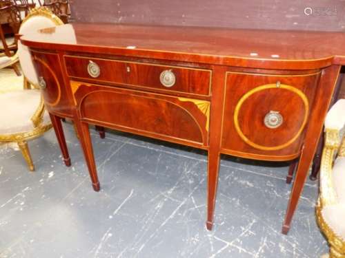 A 19th.C.MAHOGANY AND INLAID SIDEBOARD/ SERVER WITH TWO CENTRAL DRAWERS FLANKED BY CELLARETTE AND