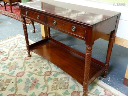A VICTORIAN MAHOGANY SIDE TABLE/SERVER WITH SPIRAL TURNED FORELEGS AND GALLERY UNDERTIER. 114 x 49