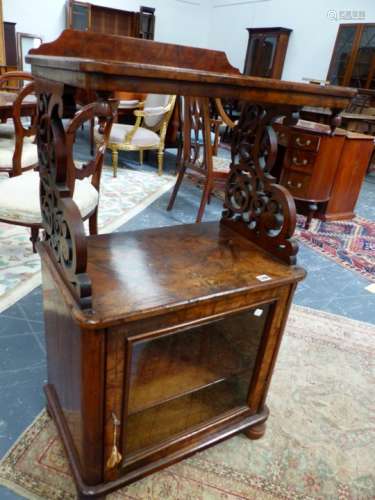 A VICTORIAN FIGURED WALNUT WHAT NOT SIDE CABINET WITH LOWER GLAZED DOOR ON TURNED FEET. 58 x 38 x
