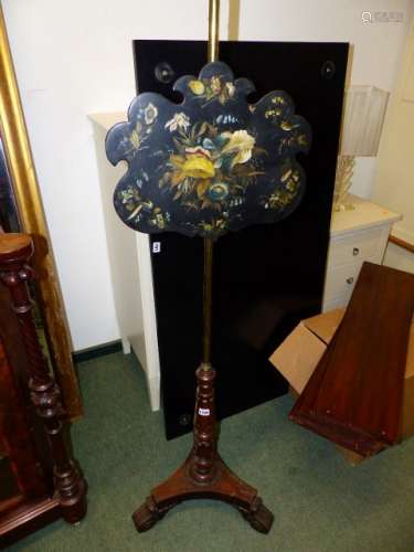A Wm.IV.ROSEWOOD BASED POLE SCREEN WITH BRASS COLUMN AND PAPIER MACHE PAINTED PANEL.