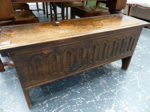 AN 18th.C.STYLE OAK AND ELM SIX PANEL COFFER WITH CARVED FRONT PANEL. 98 x 31 x H.48cms.