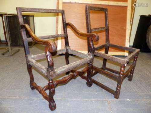 A 19th.C.CONTINENTAL WALNUT ARMCHAIR FRAME TOGETHER WITH AN EARLIER SIDE CHAIR FRAME. (2)